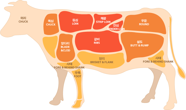 소고기 부위별 명칭으로 머리, 목심, 등심, 채끝, 안심, 우둔, 앞다리, 갈비, 설도, 양지, 사태, 우족 표시