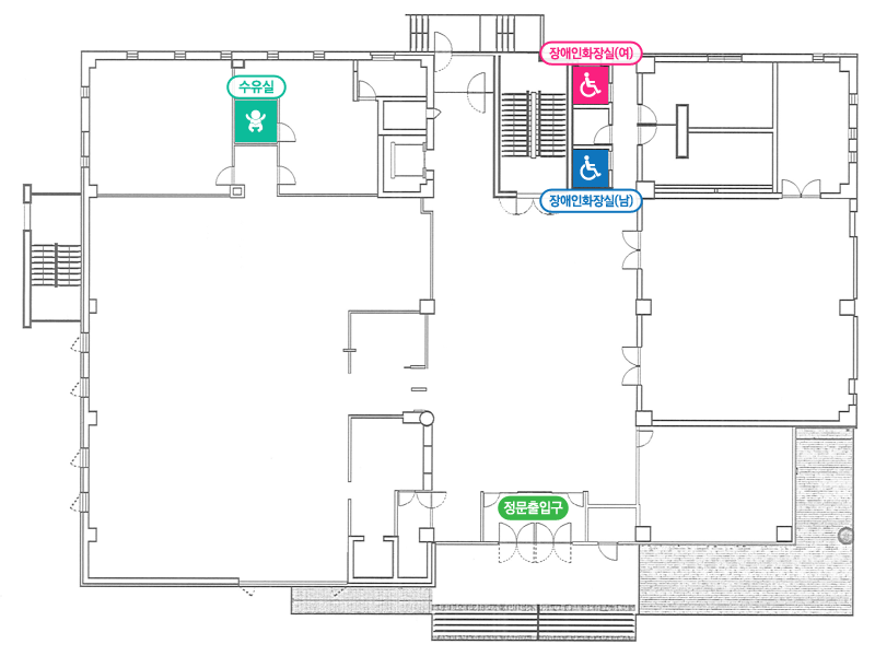 6시방향 정문출입구가있으며 정면12시방향 장애인화장실(여,남)이 위치해있고, 11시방향 수유실이 있습니다.
