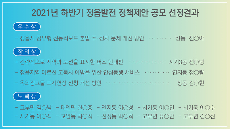 2021년 하반기 정읍발전 정책제안 공모 선정결과 (1)