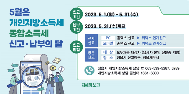 5월은 개인지방소득세 종합소득세 신고·납부의 달
신고기간: 2023.5.1.(월)~5.31.(수)
납부기한: 2023.5.31.(수)까지
신고방법: 전자신고 
PC: 홈택스 신고▶위택스 연계신고
모바일: 손택스 신고▶위택스 연계신고
방문신고: 대상 모두채움 대상자(납세자 본인 신분증 지참)
장소 정읍시 신고창고, 정읍세무서
정읍시 개인지방소득세 담당 ☎ 063-539-5287,5289
개인지방소득세 상담 콜센터 1661-6800
자세히 보기