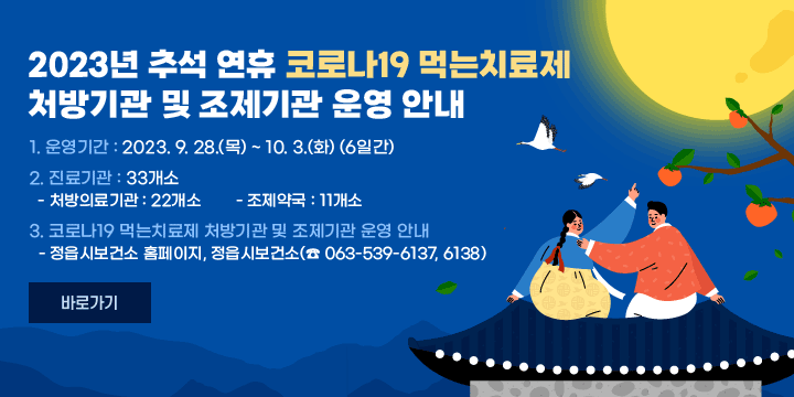 2023년 추석 연휴 코로나19 먹는치료제 처방기관 및 조제기관 운영 안내
1. 운영기간 : 2023. 9. 28.(목) ~ 10. 3.(화) (6일간)
2. 진료기관 : 33개소
 - 처방의료기관 : 22개소
 - 조제약국 : 11개소
3. 코로나19 먹는치료제 처방기관 및 조제기관 운영 안내 
 - 정읍시보건소 홈페이지, 정읍시보건소(☎ 063-539-6137, 6138)