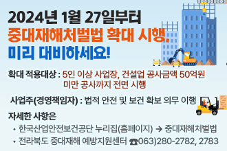 2024년 1월 27일부터 중대재해처벌법 확대 시행,
미리 대비하세요!

 - 확대 적용대상 : 5인 이상 사업장, 건설업 공사금액 50억원 미만
                  공사까지 전면 시행 
 - 사업주(경영책임자) : 법적 안전 및 보건 확보 의무 이행
 - 자세한 사항은
  • 한국산업안전보건공단 누리집(홈페이지)  중대재해처벌법
  • 전라북도 중대재해 예방지원센터 ☎063)280-2782, 2783