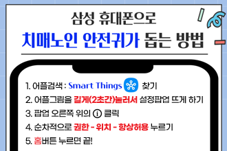 삼성 휴대폰으로 치매노인 안전귀가 돕는 방법

1. 어플검색 : Smart Things찾기
2. 어플그림을 길게(2초간)눌러서 설정팝업 뜨게 하기
3. 팝업 오른쪽 위의  i버튼    클릭
4. 순차적으로 권한 - 위치 - 항상허용 누르기 
5. 홈버튼 누르면 끝!