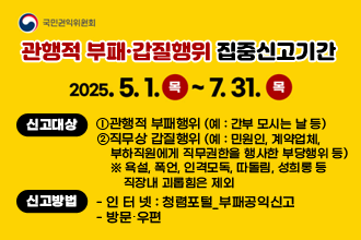국민권익위원회
관행적 부패·갑질행위 집중신고기간
2025. 5. 1.(목) ~ 7. 31. (목)
❍ 신고대상 : 
     ⓛ관행적 부패행위 (예 : 간부 모시는 날 등)
     ②직무상 갑질행위 (예 : 민원인, 계약업체, 부하직원에게 직무권한을 행사한 부당행위 등)
    ※ 욕설, 폭언, 인격모독, 따돌림, 성희롱 등 직장내 괴롭힘은 제외
  ❍ 신고방법 
    - 인 터 넷 : 청렴포털_부패공익신고(www.clean.go.kr)
    - 방문‧우편
