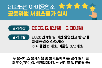 2025년 이·미용업소 공중위생 서비스평가 실시
평가기간 : 2025. 5. 12.(월) ~ 6. 30.(월) 
평가대상 : 2025년 4월 말 이전 영업신고 한 관내 이·미용업소 423개소
※ 이용업 51개소, 미용업 372개소
위생서비스 평가지침 및 평가표에 따른 평가 실시 및 최우수/우수/일반관리대상업소 선정 후 발표(11월 중)