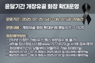 윤달기간 개장유골 화장 확대운영
ㅁ운영기간 : 2025. 07. 25..(금) ~ 08. 22.(금) 29일간ㅁ운영내용 : 개장유골 화장 확대운영(평일 8기 ➡ 15기)          ㅁ화장예약방법 : 
 -인터넷 신청만 가능(유선,팩스,방문접수 등 불가)
 - e하늘 장사정보시스템(www.15774129.go.kr)에 접속하여 예약
 - 화장예약기간는 당월부터 익월까지 가능(최대60일)
 - 예)2025.07.01 ~ 2025.07.31.화장시 2025.06.01.일 00시부터 예약가능
 - 예)2025.08.01 ~ 2025.08.31.화장시 2025.07.01.일 00시부터 예약가능