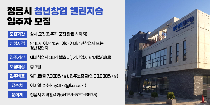 정읍시 청년창업 챌린지숍 입주자 모집
   - 모집기간 : 상시 모집(입주자 모집 완료 시까지)
   - 신청자격 : 만 18세 이상 45세 이하 예비청년창업자 또는 청년창업자
   - 입주기간 : 예비창업자 30개월(최대), 기창업자 24개월(최대)
   - 모집대상 : 총 3팀
   - 입주비용 : 임대료(월 7,500원/㎡), 입주보증금(연 30,000원/㎡)  
   - 접 수 처 : 이메일 접수(khy3172@korea.kr)
   - 문 의 처 : 정읍시 지역활력과(☎063-539-6835)