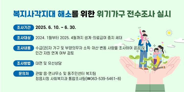 복지사각지대 해소를 위한 위기가구 전수조사 실시
- 조사기간 : 2025. 6. 10. ~ 6. 30.
- 조사대상 : 2024. 1월부터 2025. 4월까지 생계·의료급여 중지 세대
- 조사내용 : 수급(권)자 가구 및 부양의무자 소득·재산 변동 사항을
             조사하여 공공 및 민간 자원 연계 여부 검토
- 조사방법 : 대면 및 유선상담- 문 의 처 : 관할 읍·면사무소 및 동주민센터 복지팀
             정읍시청 사회복지과 통합조사팀(☎063-539-5461~8)