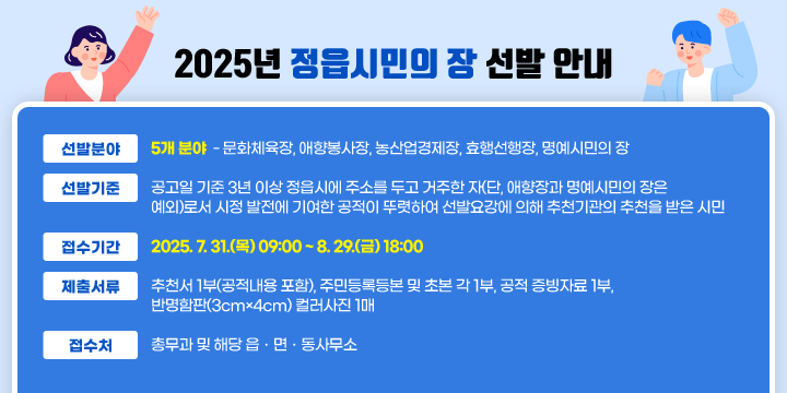 2025년 정읍시민의 장 선발 안내
 (선발분야) 5개 분야 
  - 문화체육장, 애향봉사장, 농산업경제장, 효행선행장, 명예시민의 장
❍ (선발기준) 
  - 공고일 기준 3년 이상 정읍시에 주소를 두고 거주한 자(단, 애향장과 명예시민의 장은 
    예외)로서 시정 발전에 기여한 공적이 뚜렷하여 선발요강에 의해 추천기관의 
    추천을 받은 시민
❍ (접수기간) 2025. 7. 31.(목) 09:00 ~ 8. 29.(금) 18:00 
❍ (제출서류) 
  - 추천서 1부(공적내용 포함), 주민등록등본 및 초본 각 1부, 공적 증빙자료 1부, 
    반명함판(3cm×4cm) 컬러사진 1매
❍ (접 수 처) 총무과 및 해당 읍ㆍ면ㆍ동사무소