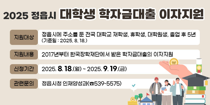 2025년 정읍시 대학생 학자금대출 이자지원
지원대상 : 정읍시에 주소를 둔 전국 대학교 재학생, 휴학생, 대학원생, 졸업후5년 (기준일 : 2025. 8. 18.)
지원내용 : 2017년부터 한국장학재단에서 받은 학자금대출의 이자지원
신청기간 : 2025. 8. 18.(월) ~ 2025. 9. 19.(금)
관련문의 : 정읍시청 인재양성과(☎539-5575)