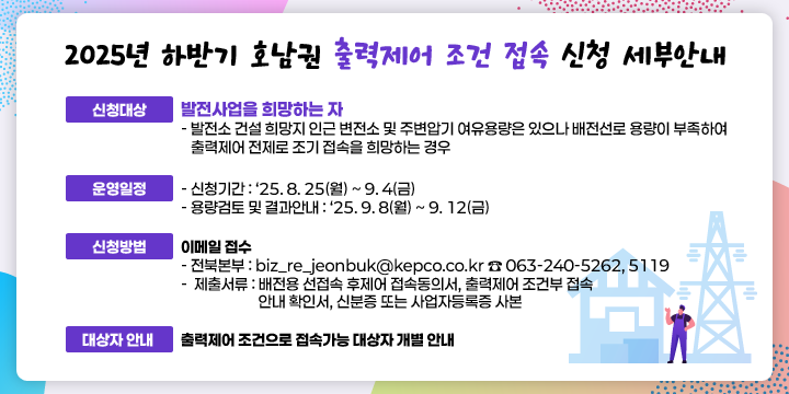 2025년 하반기 호남권 출력제어 조건 접속 신청 세부안내
1.신청대상 : 발전사업을 희망하는 자
  - 발전소 건설 희망지 인근 변전소 및 주변압기 여유용량은 있으나 배전선로 용량이 부족하여 출력제어 전제로 조기 접속을 희망하는 경우

 2.운영일정
  - 신청기간 : ‘25. 8. 25(월) ~ 9. 4(금)
  - 용량검토 및 결과안내 : ‘25. 9. 8(월) ~ 9. 12(금)

 3.신청방법 : 이메일 접수
  - 전북본부 : biz_re_jeonbuk@kepco.co.kr ☎ 063-240-5262, 5119
  - 제출서류 : 배전용 선접속 후제어 접속동의서, 출력제어 조건부 접속
               안내 확인서, 신분증 또는 사업자등록증 사본

 4. 대상자 안내 : 출력제어 조건으로 접속가능 대상자 개별 안내
