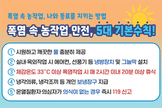 폭염 속 농작업, 나와 동료를 지키는 방법
폭염 속 농작업 안전, 5대 기본수칙!

1. 시원하고 깨끗한 물 충분히 제공
2. 실내·옥외작업 시 에어컨, 선풍기 등 냉방장치 및 그늘막 설치
3. 체감온도 33℃ 이상 폭염작업 시 매 2시간 이내 20분 이상 휴식
4. 냉각의류, 냉각조끼 등 개인 보냉장구 지급
5. 온열질환자·의심자가 의식이 없는 경우 즉시 119 신고