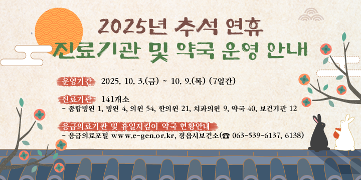2025년 추석 연휴 진료기관 및 약국 운영 안내
1. 운영기간 : 2025. 10. 3.(금) ~ 10. 9.(목) (7일간)
2. 진료기관 : 141개소
 - 종합병원 1, 병원 4, 의원 54, 한의원 21, 치과의원 9, 약국 40,
   보건기관 12
3. 응급의료기관 및 휴일지킴이 약국 현황 안내 
 - 응급의료포털 www.e-gen.or.kr, 정읍시보건소(☎ 063-539-6137, 6138)