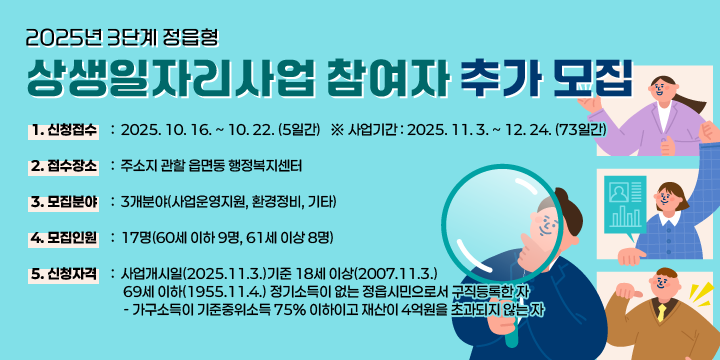 2025년 3단계 정읍형 상생일자리사업 참여자 추가 모집
1. 신청접수 : 2025. 10. 16. ~ 10. 22. (5일간)
 ※ 사업기간 : 2025. 11. 3. ~ 12. 24. (73일간)
2. 접수장소 : 주소지 관할 읍면동 행정복지센터
3. 모집분야 : 3개분야(사업운영지원, 환경정비, 기타)
4. 모집인원 : 17명(60세 이하 9명, 61세 이상 8명)
5. 신청자격 : 사업개시일(2025.11.3.)기준 18세 이상(2007.11.3.) 
             69세 이하(1955.11.4.) 정기소득이 없는 정읍시민으로서 구직등록한 자
    - 가구소득이 기준중위소득 75% 이하이고 재산이 4억원을 초과되지 않는 자