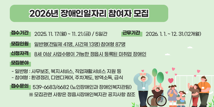 [2026년 장애인일자리 참여자 모집]

 1. 접수기간 : 2025. 11. 17.(월) ~ 11. 21.(금) / 5일간
 2. 근무기간 : 2026. 1. 1. ~ 12. 31.(12개월) 
 3. 모집인원 : 일반형(전일제 41명, 시간제 13명) 참여형 87명
 4. 신청자격 : 18세 이상 사업수행이 가능한 정읍시 등록된 미취업 장애인
 5. 모집분야 : 
   - 일반형 : 사무보조, 복지서비스, 직업재활서비스 지원 등
   - 참여형 : 환경정리, 디앤디케어, 주차계도, 방역소독, 급식지원 등
 6. 접수문의 : ☎ 539-6683/6682 (노인장애인과 장애인복지관팀) 
   ※ 모집관련 사항은 정읍시장애인복지관 공지사항 참조