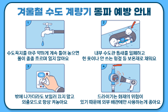 겨울철 수도 계량기 동파 예방 안내
1 수도꼭지를 아주 약하게 계속 틀어 놓으면 물이 졸졸 흐르며 얼지 않아요
2, 내부 수도관 틈새를 밀폐하고 헌 옷이나 헝겊 등 보온재로 채워요
3 밖에 나가더라도 보일러를 끄지 말고 외출모드로 항상 켜놓아요
4 드라이기는 화재의 위험이 있기 때문에 외부 배관에만 사용하는게 좋아요