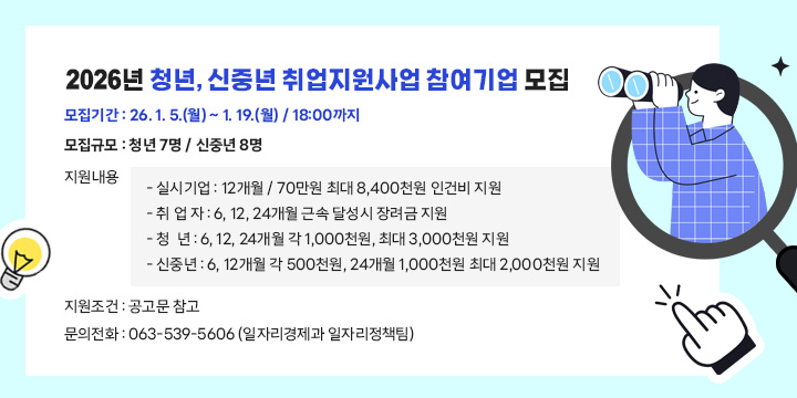 2026년 청년, 신중년 취업지원사업 참여기업 모집

 ❍ 모집기간 : 26. 1. 5.(월) ~ 1. 19.(월) / 18:00까지
 ❍ 모집규모 : 청년 7명 / 신중년 8명
 ❍ 지원내용 
  - 실시기업 : 12개월 / 70만원 최대 8,400천원 인건비 지원
  - 취 업 자 : 6, 12, 24개월 근속 달성시 장려금 지원
    - 청  년 : 6, 12, 24개월 각 1,000천원, 최대 3,000천원 지원
    - 신중년 : 6, 12개월 각 500천원, 24개월 1,000천원 최대 2,000천원 지원
 ❍ 지원조건 : 공고문 참고
 ❍ 문의전화 : 063-539-5606 (일자리경제과 일자리정책팀)