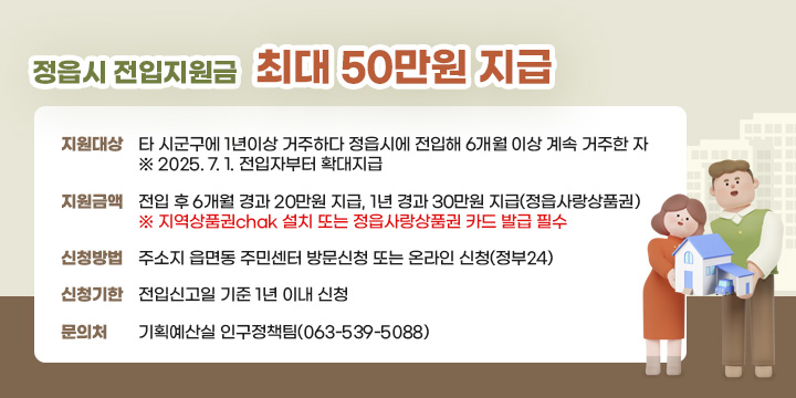 정읍시 전입지원금 최대 50만원 지급 
 ❍ 지원대상 : 타 시군구에 1년이상 거주하다 정읍시에 전입해 6개월 이상 계속 거주한 자※ 2025. 7. 1. 전입자부터 확대지급
 ❍ 지원금액 : 전입 후 6개월 경과 20만원 지급, 1년 경과 30만원 지급(정읍사랑상품권)※ 지역상품권chak 설치 또는 정읍사랑상품권 카드 발급 필수
 ❍ 신청방법 : 주소지 읍면동 주민센터 방문신청 또는 온라인 신청(정부24)
 ❍ 신청기한 : 전입신고일 기준 1년 이내 신청
 ❍ 문 의 처 : 기획예산실 인구정책팀(063-539-5088)
