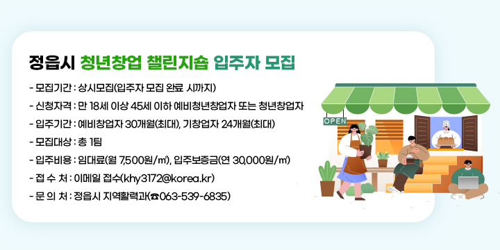 정읍시 청년창업 챌린지숍 입주자 모집
   - 모집기간 : 상시모집(입주자 모집 완료 시까지)
   - 신청자격 : 만 18세 이상 45세 이하 예비청년창업자 또는 청년창업자
   - 입주기간 : 예비창업자 30개월(최대), 기창업자 24개월(최대)
   - 모집대상 : 총 1팀
   - 입주비용 : 임대료(월 7,500원/㎡), 입주보증금(연 30,000원/㎡)  
   - 접 수 처 : 이메일 접수(khy3172@korea.kr)
   - 문 의 처 : 정읍시 지역활력과(☎063-539-6835)