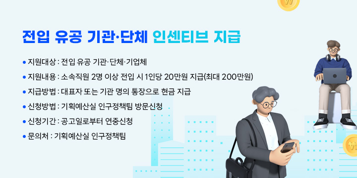 전입 유공 기관·단체 인센티브 지급
 ❍ 지원대상 : 전입 유공 기관·단체·기업체
 ❍ 지원내용 : 소속직원 2명 이상 전입 시 1인당 20만원 지급(최대 200만원)
 ❍ 지급방법 : 대표자 또는 기관 명의 통장으로 현금 지급
 ❍ 신청방법 : 기획예산실 인구정책팀 방문신청
 ❍ 신청기간 : 공고일로부터 연중신청
 ❍ 문 의 처 : 기획예산실 인구정책팀