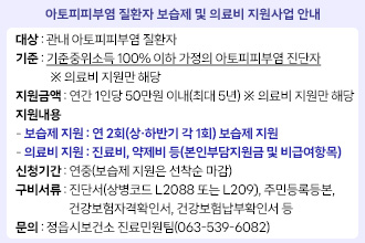 아토피피부염 질환자 보습제 및 의료비 지원사업 안내
대    상 : 관내 아토피피부염 질환자
기    준 : 기준중위소득 100% 이하 가정의 아토피피부염 진단자
             ※ 의료비 지원만 해당
지원금액 : 연간 1인당 50만원 이내(최대 5년) ※ 의료비 지원만 해당
지원내용 
  - 보습제 지원 : 연 2회(상‧하반기 각 1회) 보습제 지원
  - 의료비 지원 : 진료비, 약제비 등(본인부담지원금 및 비급여항목)
신청기간 : 연중(보습제 지원은 선착순 마감)
구비서류 : 진단서(상병코드 L2088 또는 L209), 주민등록등본, 건강보험자격확인서, 건강보험납부확인서 등
문    의 : 정읍시보건소 진료민원팀(☎063-539-6082)