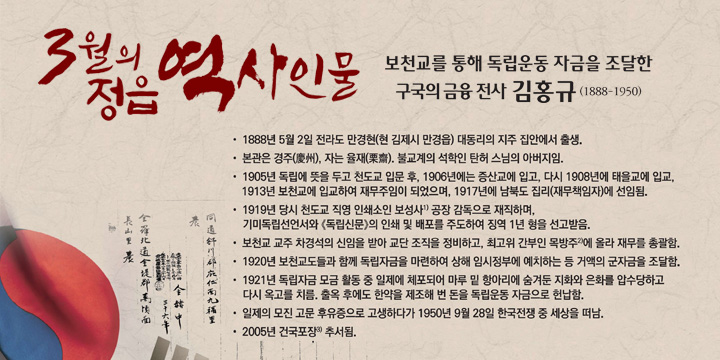 3월의 정읍 역사인물
보천교를 통해 독립운동 자금을 조달한 구국의 금융 전사 ‘김홍규’ (1888-1950) 
- 1888년 5월 2일 전라도 만경현(현 김제시 만경읍) 대동리의 지주 집안에서 출생. 
- 본관은 경주(慶州), 자는 율재(栗齋). 불교계의 석학인 탄허 스님의 아버지임.
- 1905년 독립에 뜻을 두고 천도교 입문 후, 1906년에는 증산교에 입고, 다시 1908년에 태을교에 입교, 1913년 보천교에 입교하여 재무주임이 되었으며, 1917년에 남북도 집리(재무책임자)에 선임됨.
- 1919년 당시 천도교 직영 인쇄소인 보성사1) 공장 감독으로 재직하며, 
  기미독립선언서와 《독립신문》의 인쇄 및 배포를 주도하여 징역 1년 형을 선고받음.
- 보천교 교주 차경석의 신임을 받아 교단 조직을 정비하고, 최고위 간부인 목방주2)에 올라 재무를 총괄함.
- 1920년 보천교도들과 함께 독립자금을 마련하여 상해 임시정부에 예치하는 등 거액의 군자금을 조달함.
- 1921년 독립자금 모금 활동 중 일제에 체포되어 마루 밑 항아리에 숨겨둔 지화와 은화를 압수당하고 다시 옥고를 치름. 출옥 후에도 한약을 제조해 번 돈을 독립운동 자금으로 헌납함.
- 일제의 모진 고문 후유증으로 고생하다가 1950년 9월 28일 한국전쟁 중 세상을 떠남. 
- 2005년 건국포장3) 추서됨.