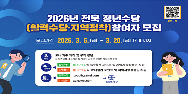 2026년 전북 청년수당(활력수당·지역정착) 참여자 모집
문의사항 QR코드

모집기간 : 2026. 3. 6.(금) ~ 3. 20.(금) 17:00까지

대상 : 도내 거주 재직 및 구직 청년
 ※ 지원대상, 소득기준 등 자세한 사항은 공고문 자격요건 확인

지원내용
활력수당 : 월 50만원씩 6개월간 포인트 및 지역사랑상품권 지원
지역정착 : 월 30만원씩 12개월간 포인트 및 지역사랑상품권 지원

신청방법
활력수당 : jbyouth.ezwel.com → 온라인접수
지역정착 : ttd.ezwel.com → 온라인접수