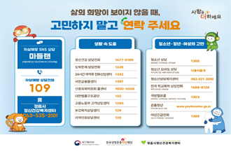 삶의 희망이 보이지 않을 때, 고민하지 말고 연락 주세요
사람을 더하세요

자살예방 SNS 상담 마들랜 (어플리케이션/109 문자메시지/카카오채널)
자살예방 상담전화 109
정읍시정신건강복지센터 063-535-2101

생활 속 도움
정신건강 상담전화 1577-0199
도박문제 상담전화 1336
24시간 마약류 전화상담센터 1342
서민금융콜센터 1397
신용회복위원회 콜센터 1600-5500
대한법률구조공단 132
고용노동부 고객상담센터 1350
보건복지상담센터 129
지역민원상담센터 120

청소년·청년·여성의 고민
청소년 상담(전화상담/사이버상담/문자상담) 1388
청소년 모바일 상담(카카오톡/앱/1661-5004 문자상담) 다들어줄게
청소년상담복지센터 063-531-3000
전국 학교폭력 상담전화(푸른나무재단 전화상담) 1588-9128
국방헬프콜(전화상담/사이버상담/APP상담/카카오채널) 1303
온통청년(카카오톡 실시간 상담) www.youthcenter.go.kr
여성긴급전호(24시간 전화상담/사이버상담) 1366

보건복지부 한국생명존중희망재단 정읍시정신건강복지센터