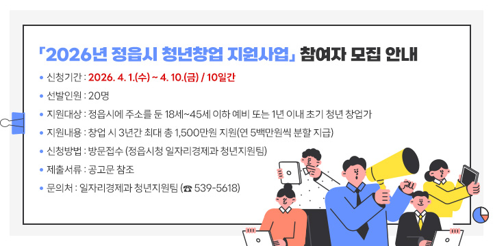 「2026년 정읍시 청년창업 지원사업」 참여자 모집 안내
 
 ❍ 신청기간 : 2026. 4. 1.(수) ~ 4. 10.(금) / 10일간
 ❍ 선발인원 : 20명
 ❍ 지원대상 : 정읍시에 주소를 둔 18세~45세 이하 예비 또는 1년 이내 초기 청년 창업가
 ❍ 지원내용 : 창업 시 3년간 최대 총 1,500만원 지원(연 5백만원씩 분할 지급)
 ❍ 신청방법 : 방문접수 (정읍시청 일자리경제과 청년지원팀)
 ❍ 제출서류 : 공고문 참조
 ❍ 문 의 처 : 일자리경제과 청년지원팀 (☎ 539-5618)