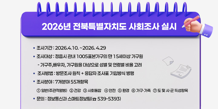 2026년 전북특별자치도 사회조사 실시
   ⊙ 조사기간 : 2026.4.10. ~2026. 4.29
   ⊙ 조사대상 : 정읍시 관내 1005표본가구의 만 15세이상 가구원
    - 가구주,배우자, 가구원을 대상으로 성별 및 연령별 비율 고려
   ⊙ 조사방법 : 방문조사 원칙 + 응답자 조사표 기입방식 병행
   ⊙ 조사분야 : 7개분야 55개항목
   - ① 일반(주관적웰빙)  ② 건강  ③ 사회통합  ④ 안전  ⑤ 환경
     ⑥ 가구‧가족         ➆ 도 및 시ㆍ군 특성항목
   ⊙ 문의 : 정보통신과 스마트정보팀(☎ 539-5393)