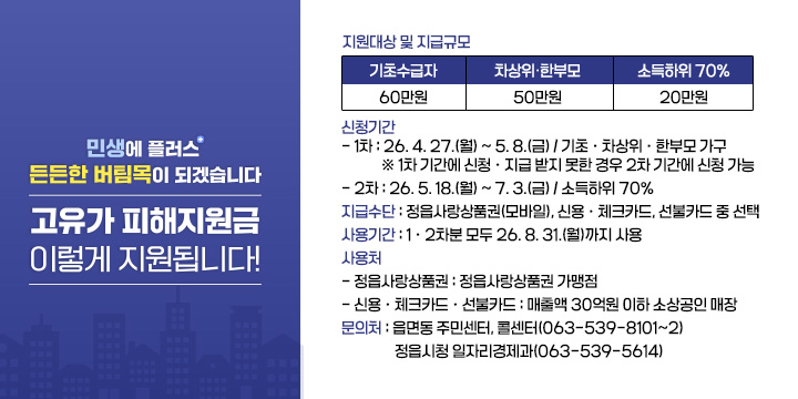 민생에 플러스 든든한 버팀목이 되겠습니다
고유가피해지원금 이렇게 지원됩니다!
  지원대상 및 지급규모
  
기초수급자
차상위·한부모
소득하위 70%
60만원
50만원
20만원

  신청기간
   - 1차 : 26. 4. 27.(월) ~ 5. 8.(금) / 기초ㆍ차상위ㆍ한부모 가구
     ※ 1차 기간에 신청ㆍ지급 받지 못한 경우 2차 기간에 신청 가능
   - 2차 : 26. 5. 18.(월) ~ 7. 3.(금) / 소득하위 70%
  지급수단 : 정읍사랑상품권(모바일), 신용ㆍ체크카드, 선불카드 중 선택
  사용기간 : 1ㆍ2차분 모두 26. 8. 31.(월)까지 사용
  사 용 처 
   - 정읍사랑상품권 : 정읍사랑상품권 가맹점
   - 신용ㆍ체크카드ㆍ선불카드 : 매출액 30억원 이하 소상공인 매장
  문의처 : 읍면동 주민센터, 콜센터(☎ 063-539-8101~2)
             정읍시청 일자리경제과(☎ 063-539-5614)