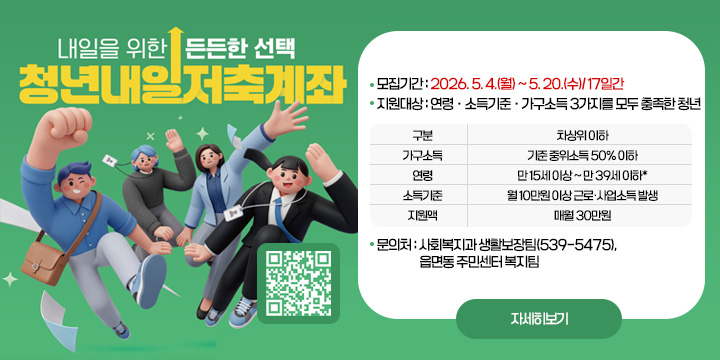 내일을 위한 든든한 선택 청년내일저축계좌
❍ 모집기간 : 2026. 5. 4.(월) ~ 5. 20.(수)/ 17일간
❍ 지원대상 : 연령ㆍ소득기준ㆍ가구소득 3가지를 모두 충족한 청년
 
구분
차상위 이하
가구소득
기준 중위소득 50% 이하
연령
만 15세 이상 ~ 만 39세 이하*
소득기준
월 10만원 이상 근로･사업소득 발생
지원액
매월 30만원

  *  신청 월에 만 15세가 된 자 ~ 신청 월에 만 40세가 되는 자
  
❍ 문 의 처 : 사회복지과 생활보장팀(539-5475), 읍면동 주민센터 복지팀
자세히보기