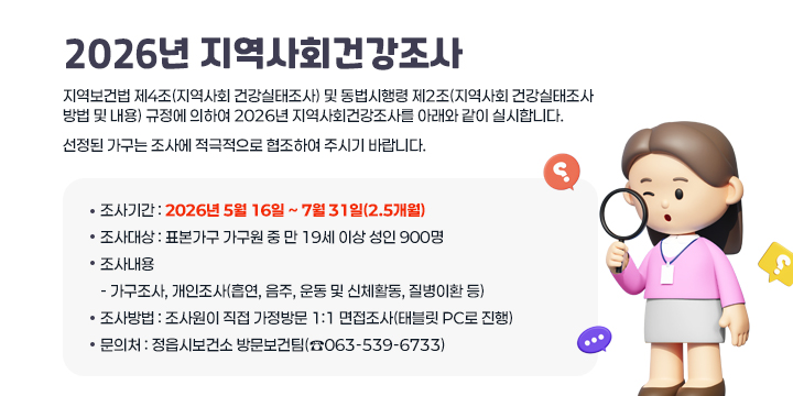 2026년 지역사회건강조사
지역보건법 제4조(지역사회 건강실태조사) 및 동법시행령 제2조(지역사회 건강실태조사 방법 및 내용)규정에 의하여 2026년 지역사회건강조사를 아래와 같이 실시합니다. 

선정된 가구는 조사에 적극적으로 협조하여 주시기 바랍니다.

○ 조사기간 : 2026년 5월 16일 ~ 7월 31일(2.5개월)
○ 조사대상 : 표본가구 가구원 중 만 19세 이상 성인 900명
○ 조사내용 
  - 가구조사, 개인조사(흡연, 음주, 운동 및 신체활동, 질병이환 등)
○ 조사방법 : 조사원이 직접 가정방문 1:1 면접조사(태블릿 PC로 진행)
○ 문 의 처 : 정읍시보건소 방문보건팀(☎063-539-6733)