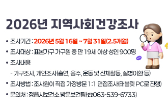 2026년 지역사회건강조사
○ 조사기간 : 2026년 5월 16일 ~ 7월 31일(2.5개월)
○ 조사대상 : 표본가구 가구원 중 만 19세 이상 성인 900명
○ 조사내용 
  - 가구조사, 개인조사(흡연, 음주, 운동 및 신체활동, 질병이환 등)
○ 조사방법 : 조사원이 직접 가정방문 1:1 면접조사(태블릿 PC로 진행)
○ 문 의 처 : 정읍시보건소 방문보건팀(☎063-539-6733)
