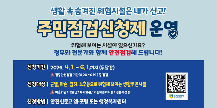 생활 속 숨겨진 위험시설은 내가 신고!

주민점검신청제 운영

위험해 보이는 시설이 있으신가요?
정부와 전문가와 함께 안전점검해 드립니다!

신청기간 | 2026. 4. 1. ~ 6. 1.까지 (두달간)

집중안전점검 기간(4.20.~6.19.) 중 점검

신청대상 |
균열, 파손, 침하, 노후등으로 위험해 보이는 생활주변시설

마을회관 / 경로당 / 복지회관 / 어린이놀이시설 / 전통시장 등

신청방법 | 안전신문고 앱·포털 또는 행정복지센터