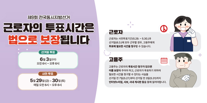 제8회 전국동시지방선거

근로자의 투표시간은
법으로 보장됩니다

선거일 투표
6월 3일(수)
오전 6시 ~ 오후 6시

사전 투표
5월 29일(금) ~ 30일(토)
매일 오전 6시 ~ 오후 6시

근로자
근로자는 사전투표기간(5.29. ~ 5.30.)과
선거일(6.3.)에 모두 근무할 경우, 고용주에게
투표에 필요한 시간을 청구할 수 있습니다.

고용주
고용주는 근로자의 투표시간 청구가 있으면
이를 보장해 주어야 하고, 근로자가 투표하기 위하여
필요한 시간을 청구할 수 있다는 사실을
선거일 전 7일(5.27.)부터 선거일 전 3일(5.31.)까지
인터넷·사내게시판 등을 통해 알려야합니다.