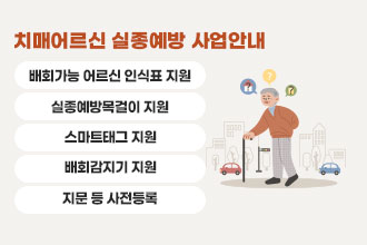 치매어르신 실종예방 사업안내
배회가능 어르신 인식표 지원
실종예방목걸이 지원
스마트태그 지원
배회감지기 지원
지문 등 사전등록