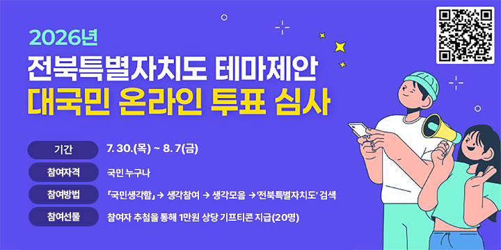 2026 전북특별자치도 테마제안 공모 대국민 온라인 투표 안내

 - 기    간 : 7. 30.(목) ~ 8. 7(금) 
   - 참여자격 : 국민 누구나
   - 참여방법 : 「국민생각함」→ 생각참여 → 생각모음 →'전북특별자치도' 검색
   - 참여선물 : 참여자 추첨을 통해 1만원 상당 기프티콘 지급(20명)
