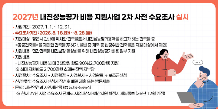 2027년 내진성능평가 비용 지원사업 2차 사전 수요조사 실시
 ○ 사업기간 : 2027. 1. 1. ~ 12. 31.
 ○ 수요조사기간 : 2026. 8. 18.(화) ~ 8. 28.(금) 
 ○ 지원대상 : 정읍시 관내에 위치한 건축물로서 내진성능평가용역을 하고자 하는 건축물 중 <공공건축물>을 제외한 건축물(무허가, 불법 증·개축 등 법령위반 건축물은 지원 대상에서 제외)
 ○ 사업내용 : 민간건축물 내진보강 활성화를 위해 내진성능평가비용 일부 지원
 ○ 지원비용
    - 내진성능평가 비용(최대 3천만원 한도 90%(2,700만원) 지원)
      ※ 최대 지원한도 2,700만원 초과분 전액 자부담
 ○ 사업절차 : 수요조사 → 사업확정 → 사업실시 → 사업완료  → 보조금신청 
 ○ 신청방법 : 수요조사 신청서 작성후 메일 제출 또는 방문제출
 ○ 문의 : 재난안전과 자연재난팀 (☎ 539-5964)
 ※ 현재 27년 사업 수요조사 단계로 사업대상자 예산지원 확정시 개별통보
    (26년 12월 예정)