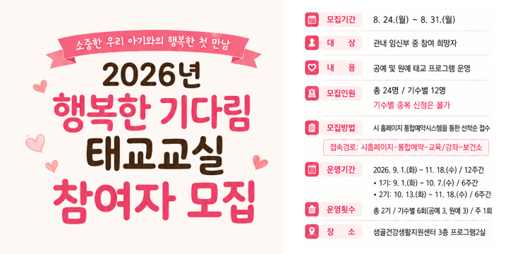 소중한 우리 아기와의 행복한 첫 만남

2026년 행복한 기다림 태교교실 참여자 모집

모집기간
8. 24.(월) ~ 8. 31.(월)

대상
관내 임신부 중 참여 희망자

내용
공예 및 원예 테마 프로그램 운영

모집인원
총 24명 / 기수별 12명
※ 기수별 중복 신청은 불가

모집방법
시 홈페이지 통합예약시스템을 통한 선착순 접수
접수경로: 시홈페이지 → 통합예약 → 교육 / 강좌 → 보건소

운영기간
2026. 9. 1.(화) ~ 11. 18.(수) / 12주간
• 1기: 9. 1.(화) ~ 10. 7.(수) / 6주간
• 2기: 10. 13.(화) ~ 11. 18.(수) / 6주간

운영횟수
총 2기 / 기수별 6회(공예 3회, 원예 3회) / 주 1회

장소
샘골건강생활지원센터 3층 프로그램실