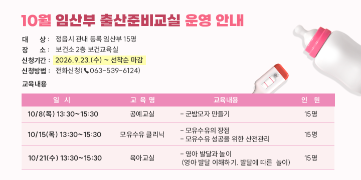 10월 임산부 출산준비교실 운영 안내

○ 대    상 : 정읍시 관내 등록 임산부 15명
○ 장    소 : 보건소 2층 보건교육실
○ 신청기간 : 2026.9.23.(수) ~ 선착순 마감
○ 신청방법 : 전화신청(☎063-539-6124)


일시
교육명
교육내용
인원
10/8 (목)
13:30
~15:30
공예교실
- 군밤모자 만들기
15명
10/15 (목)
13:30
~15:30
모유수유 클리닉
- 모유수유의 장점
- 모유수유 성공을 위한 산전관리
15명
10/21 (수)
13:30
~15:30
육아교실
- 영아 발달과 놀이
 (영아 발달 이해하기. 발달에 따른  놀이)
15명